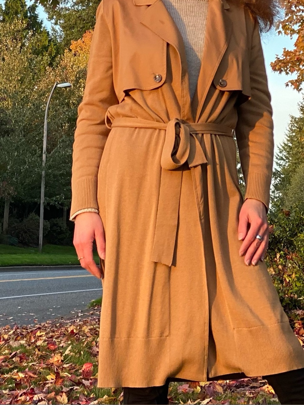 Calvin Klein Camel Trench-Style Long Belted Coatigan